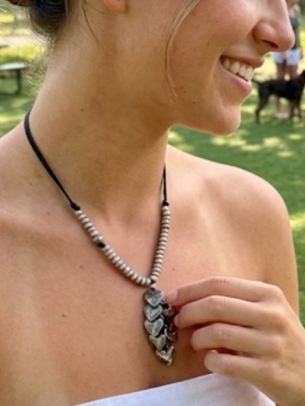 Artisan Black Cord Silver Bead Choker Bracelet Tiered Drops Rhinestone Bee Tag